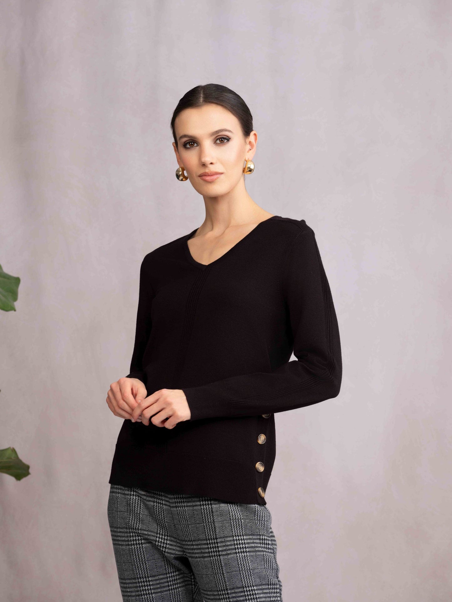 Alison Sheri Side Button V-Neck Sweater