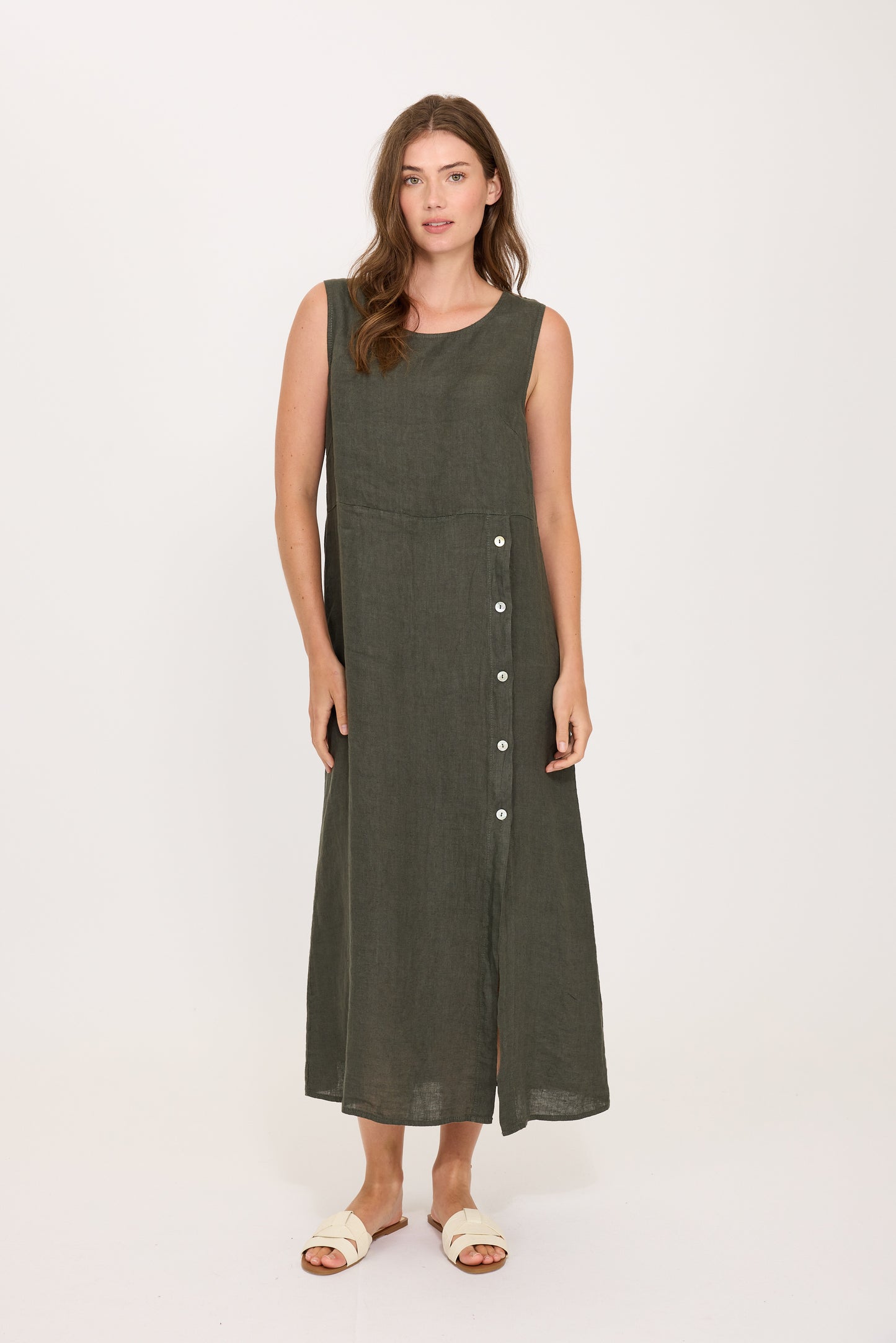 Pistache Linen Tank Dress with Button