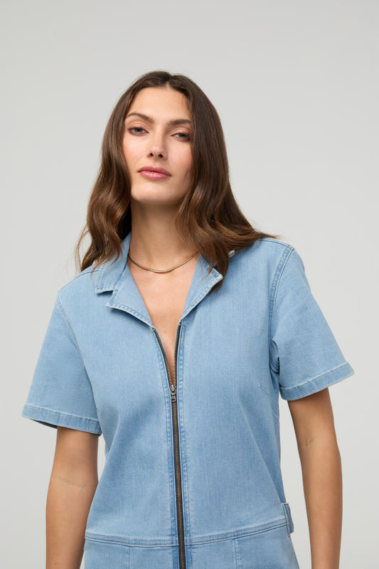 DUER Performance Denim Short Sleeve Jumpsuit