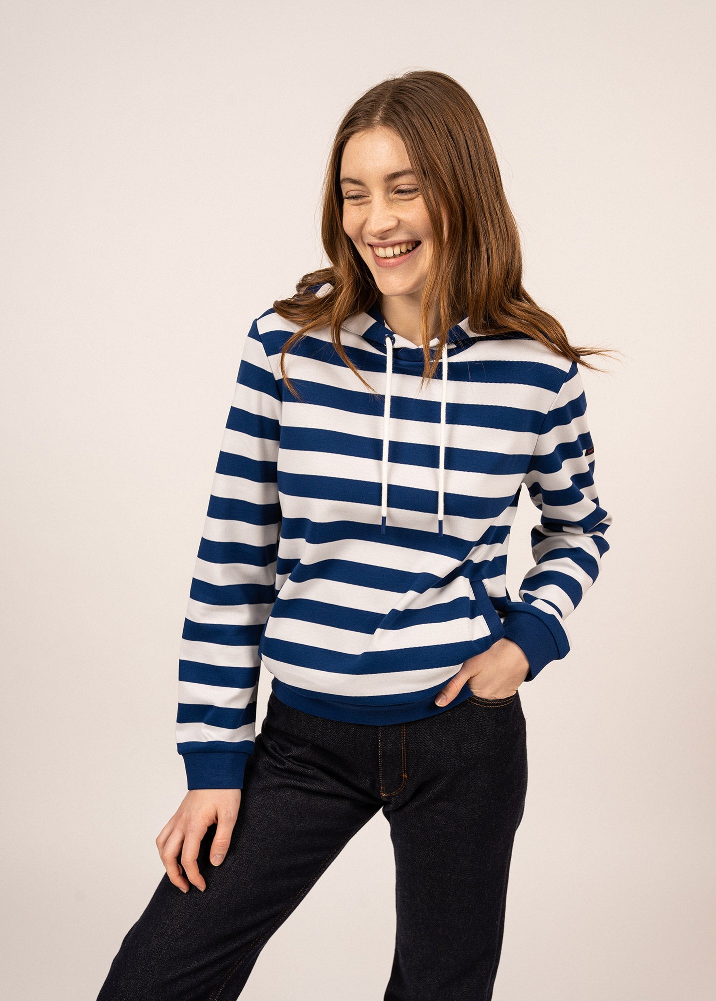 Navy and on sale white striped hoodie