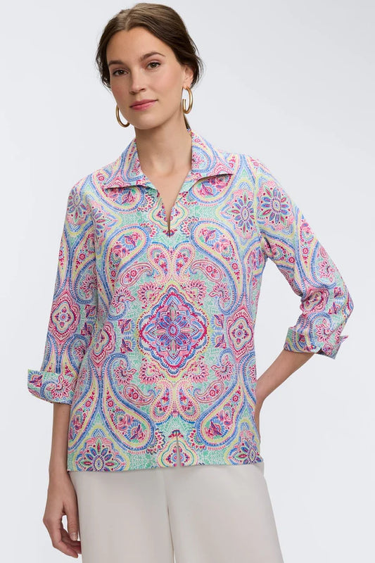 Foxcroft Agnes Paisley Linen 3/4 Sleeve Shirt