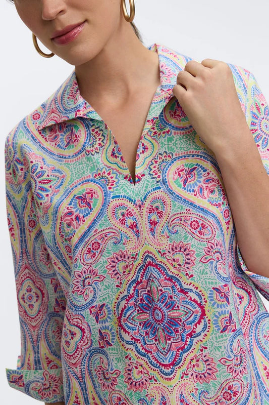 Foxcroft Agnes Paisley Linen 3/4 Sleeve Shirt