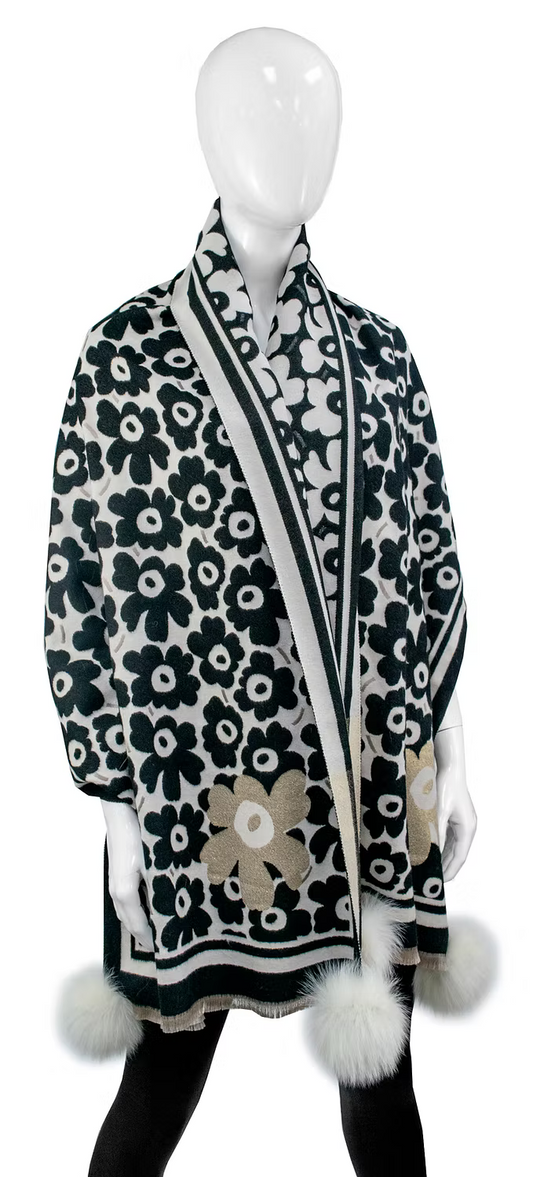 Mitchie's Wide Scarf with Floral Print and Poms