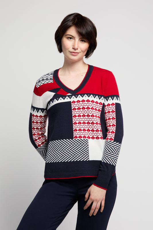 BYLYSE V-Neck Patch Print Sweater