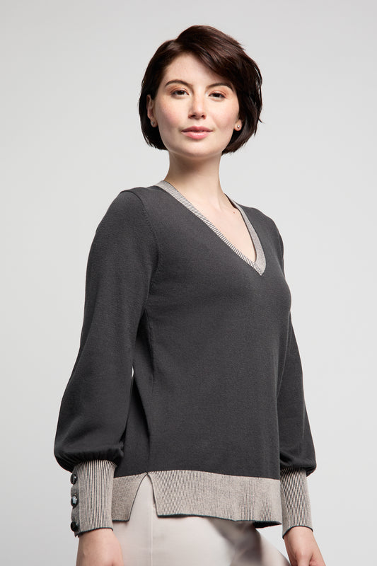 BYLYSE V-Neck Sweater with Ribbed Details