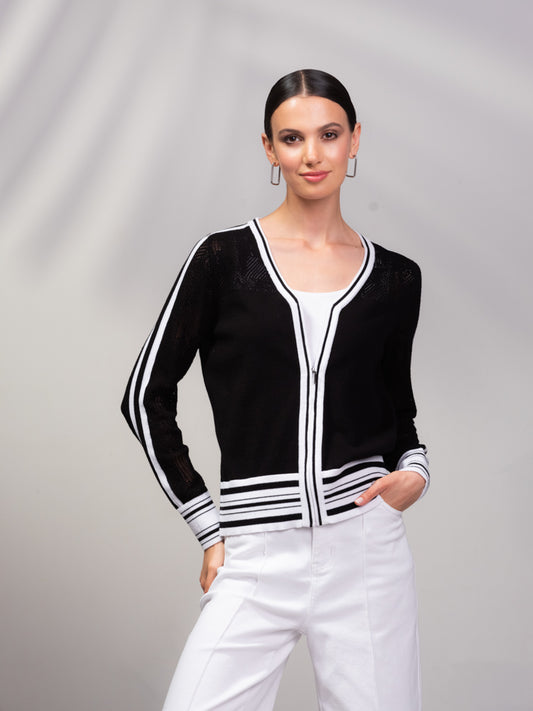 Alison Sheri Zip Cardigan with Stripe Hem