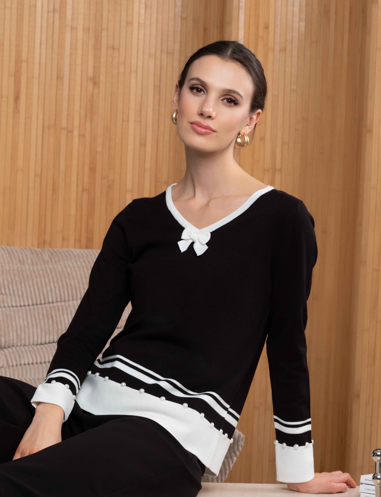 Alison Sheri Bow and Pearl Detail Sweater