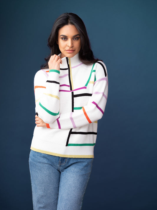 Elena Wang Multi Stripe Half Zip Sweater