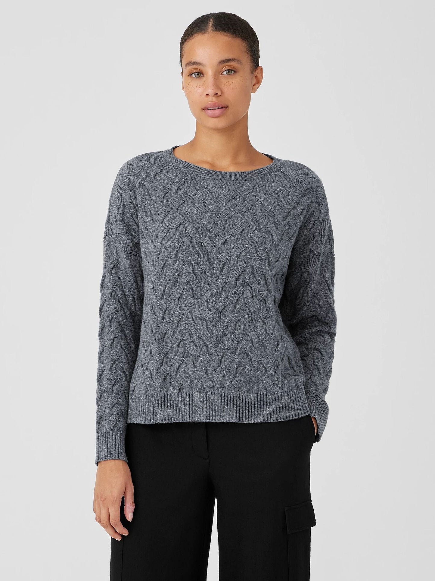 Eileen Fisher Cotton Cashmere Cable Knit Box Sweater