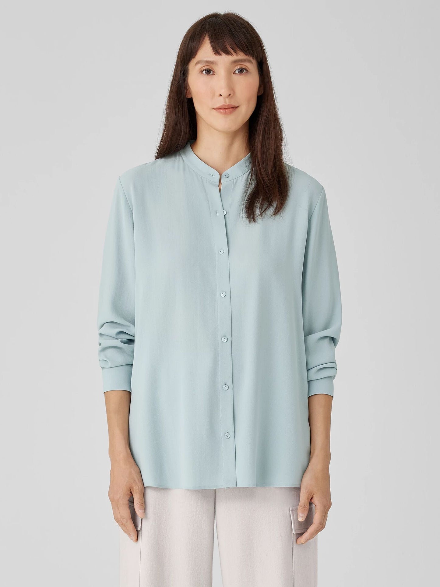 Eileen Fisher Silk Georgette Crepe Band Collar Shirt