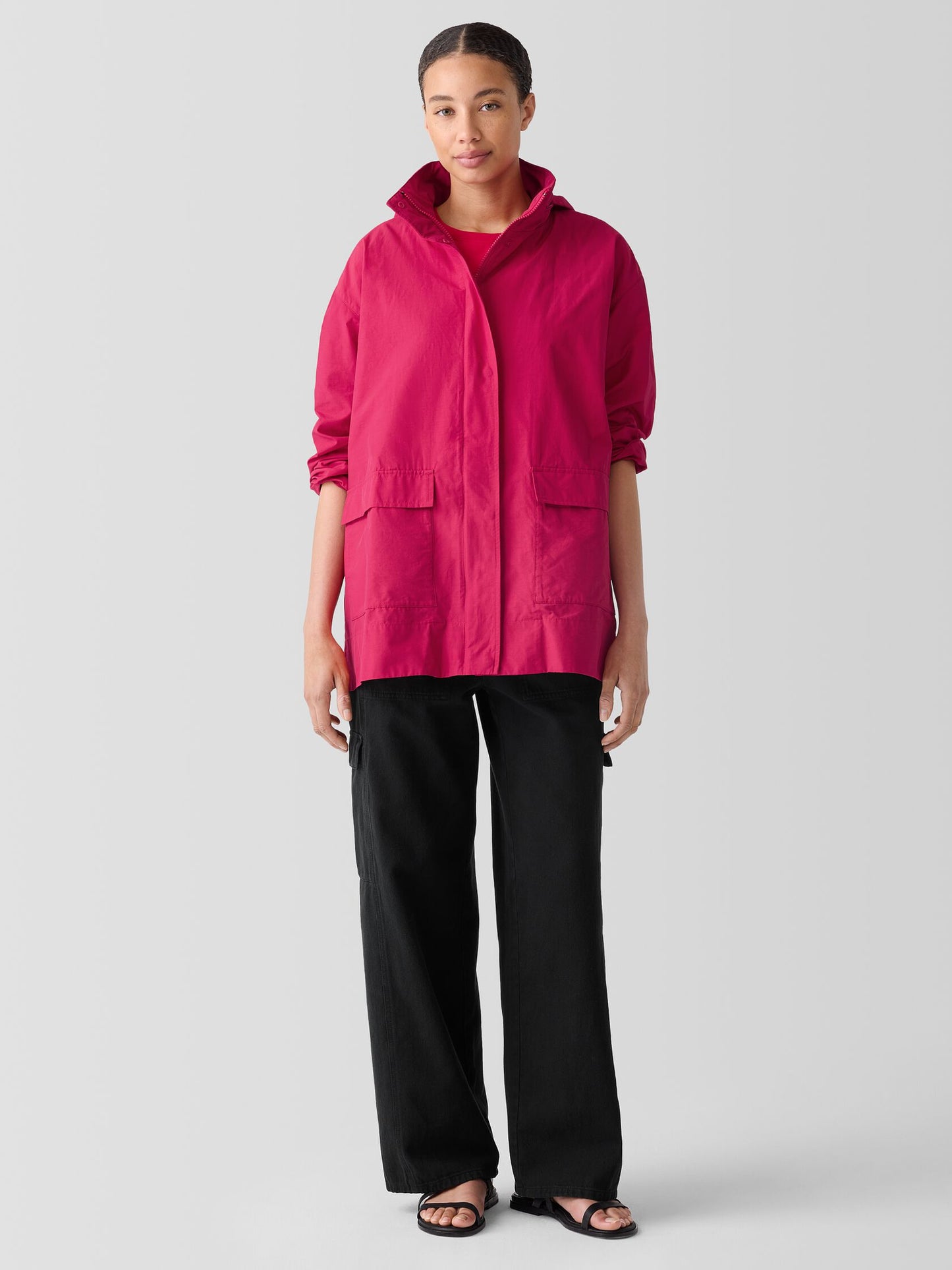 Eileen Fisher Light Cotton Nylon Stand Collar Jacket