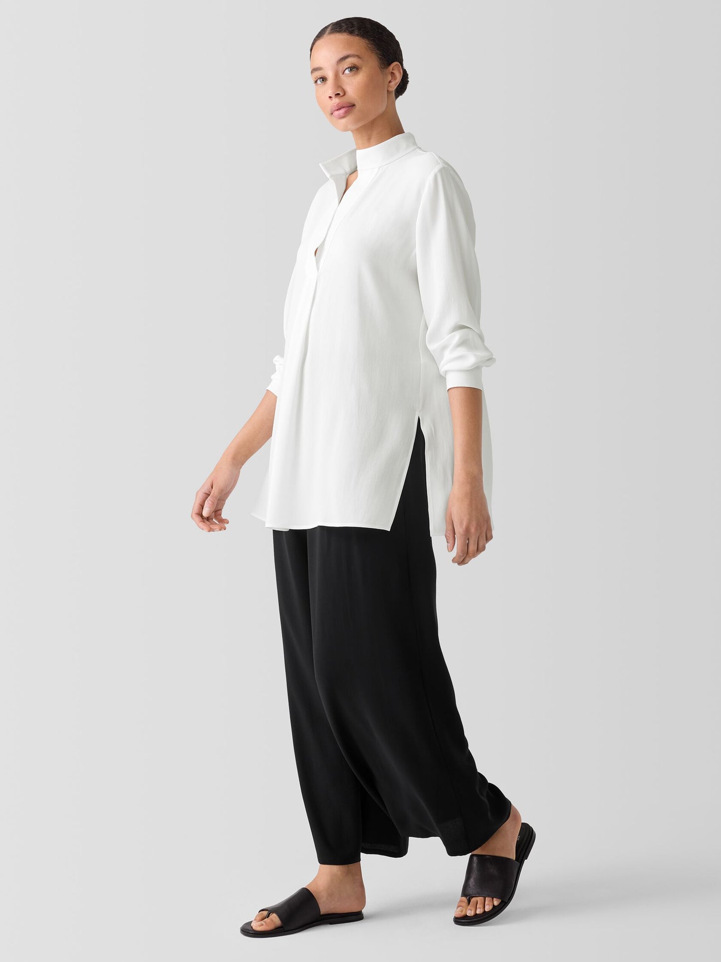 Eileen Fisher Silk Georgette Crepe Stand Collar Top