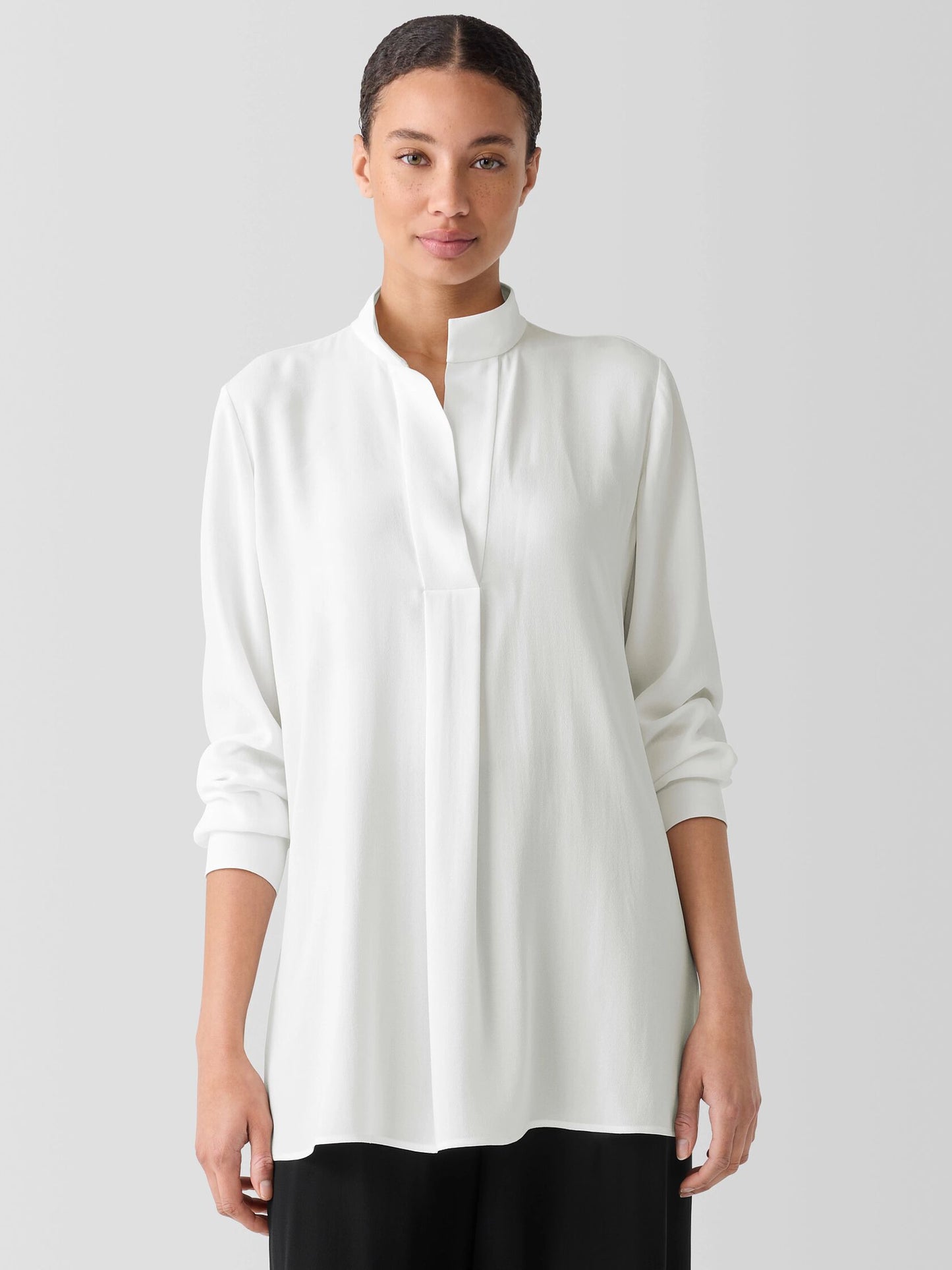 Eileen Fisher Silk Georgette Crepe Stand Collar Top