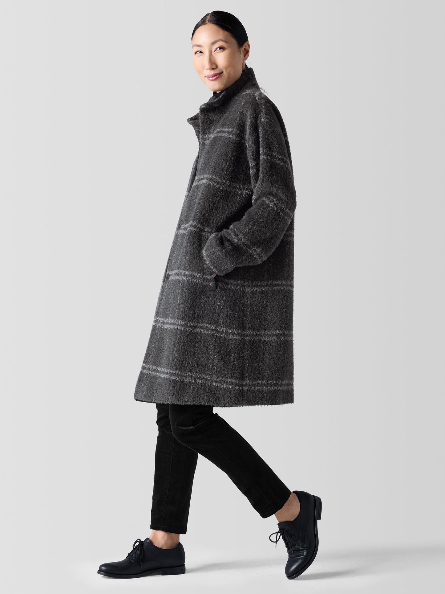 Eileen Fisher Luxe Alpaca Windowpane Stand Collar Coat