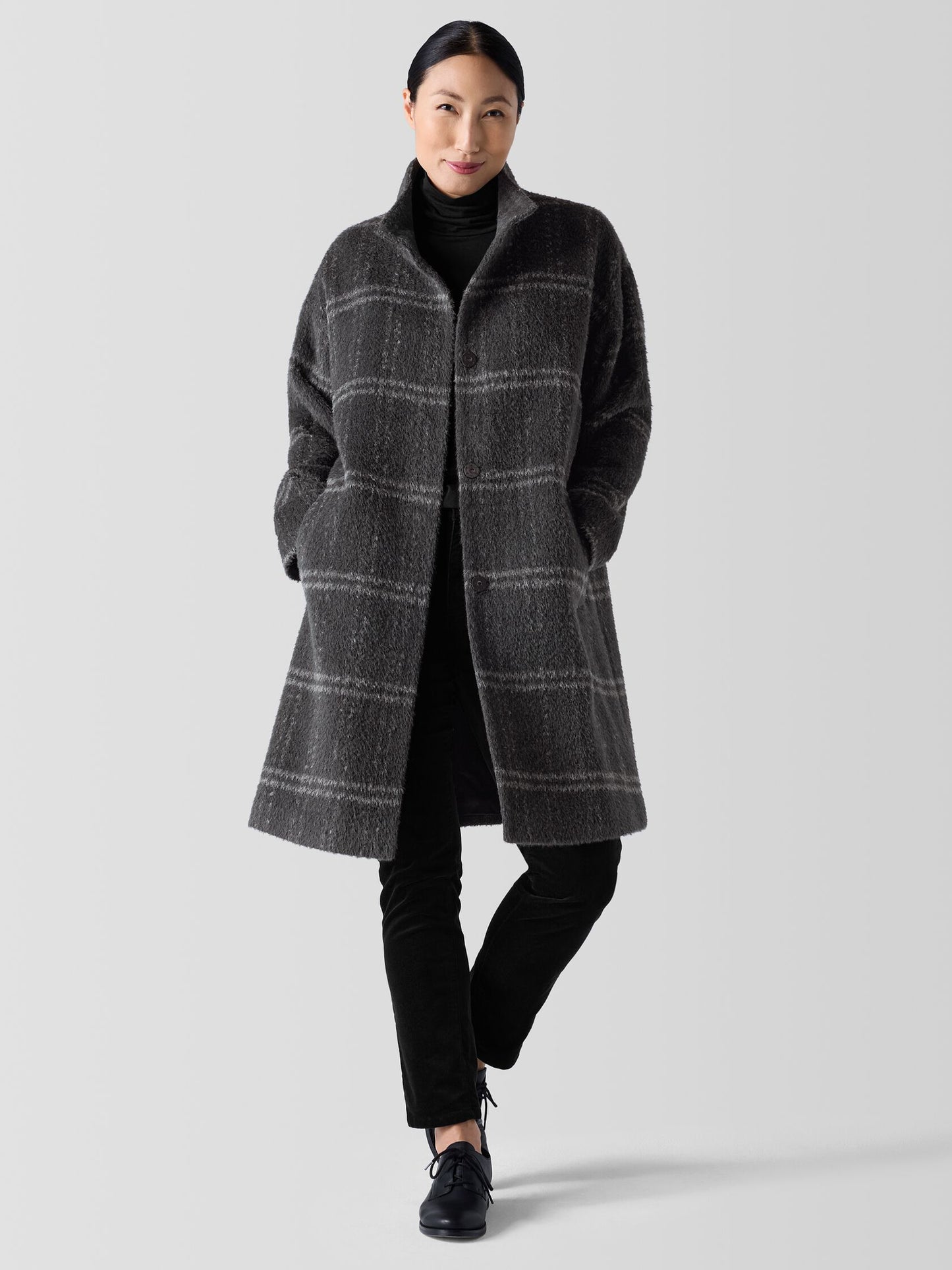 Eileen Fisher Luxe Alpaca Windowpane Stand Collar Coat