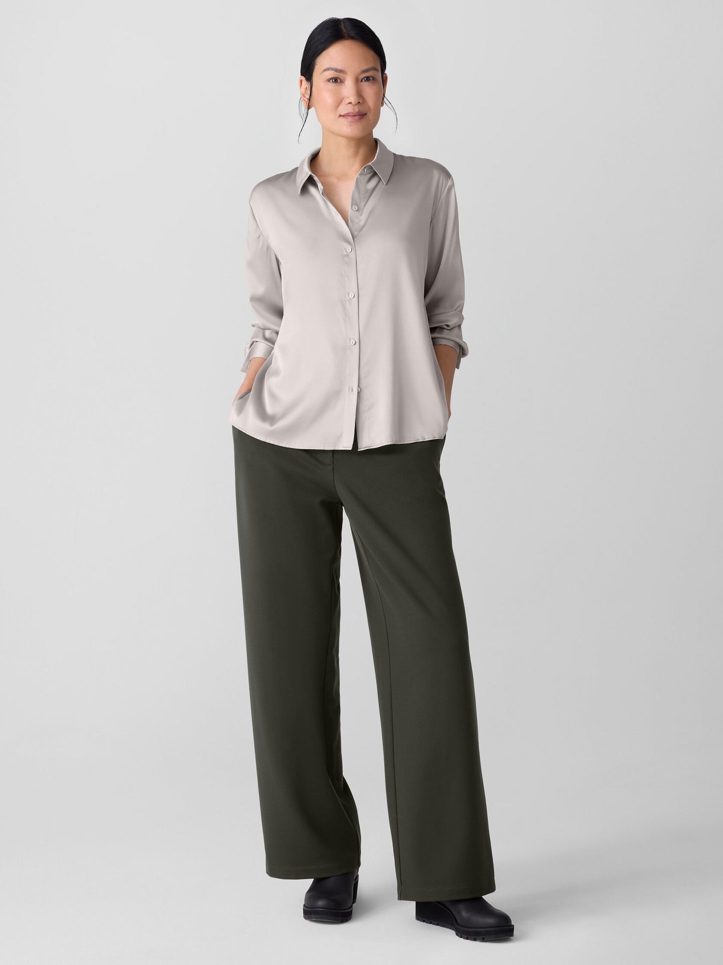Eileen Fisher Stretch Silk Charmeuse Classic Collar Shirt