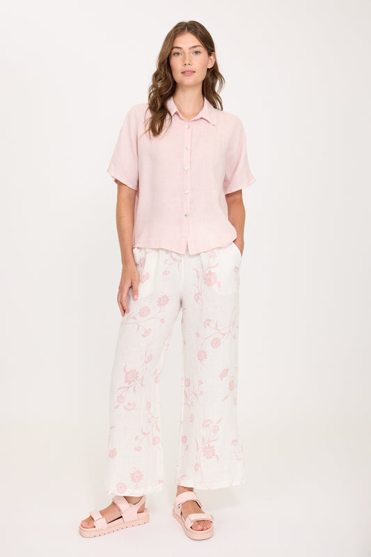 Pistache Short Sleeve Linen Blouse