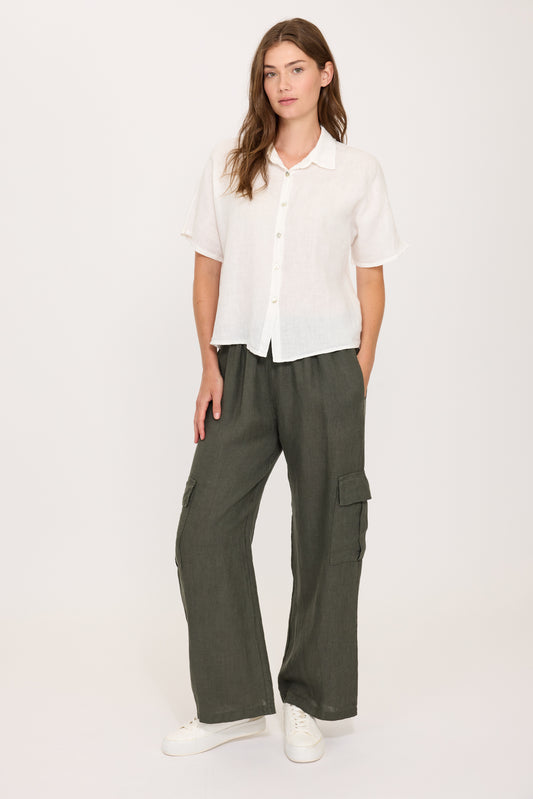 Pistache Short Sleeve Linen Blouse