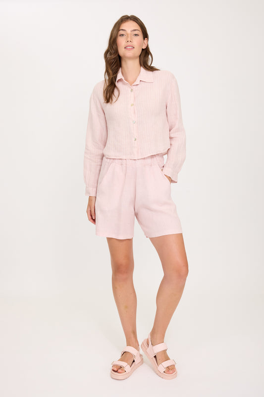 Pistache Pinstripe Short Linen Blouse