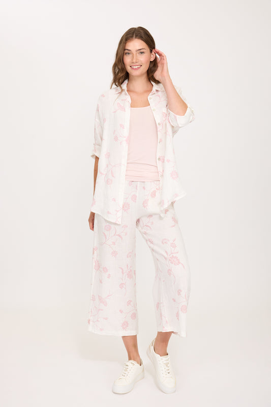 Pistache Linen Floral Print Blouse