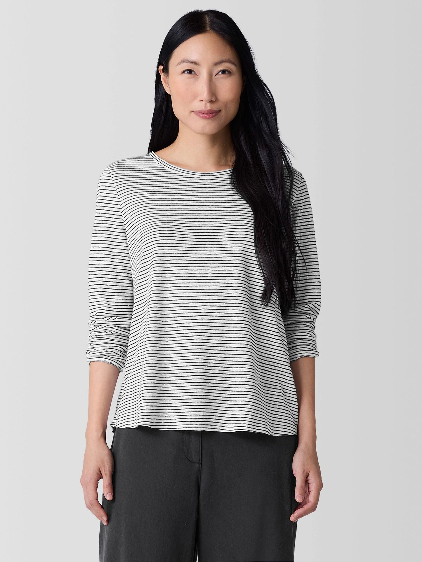 Eileen Fisher Striped Organic Linen Jersey Long Sleeve Top