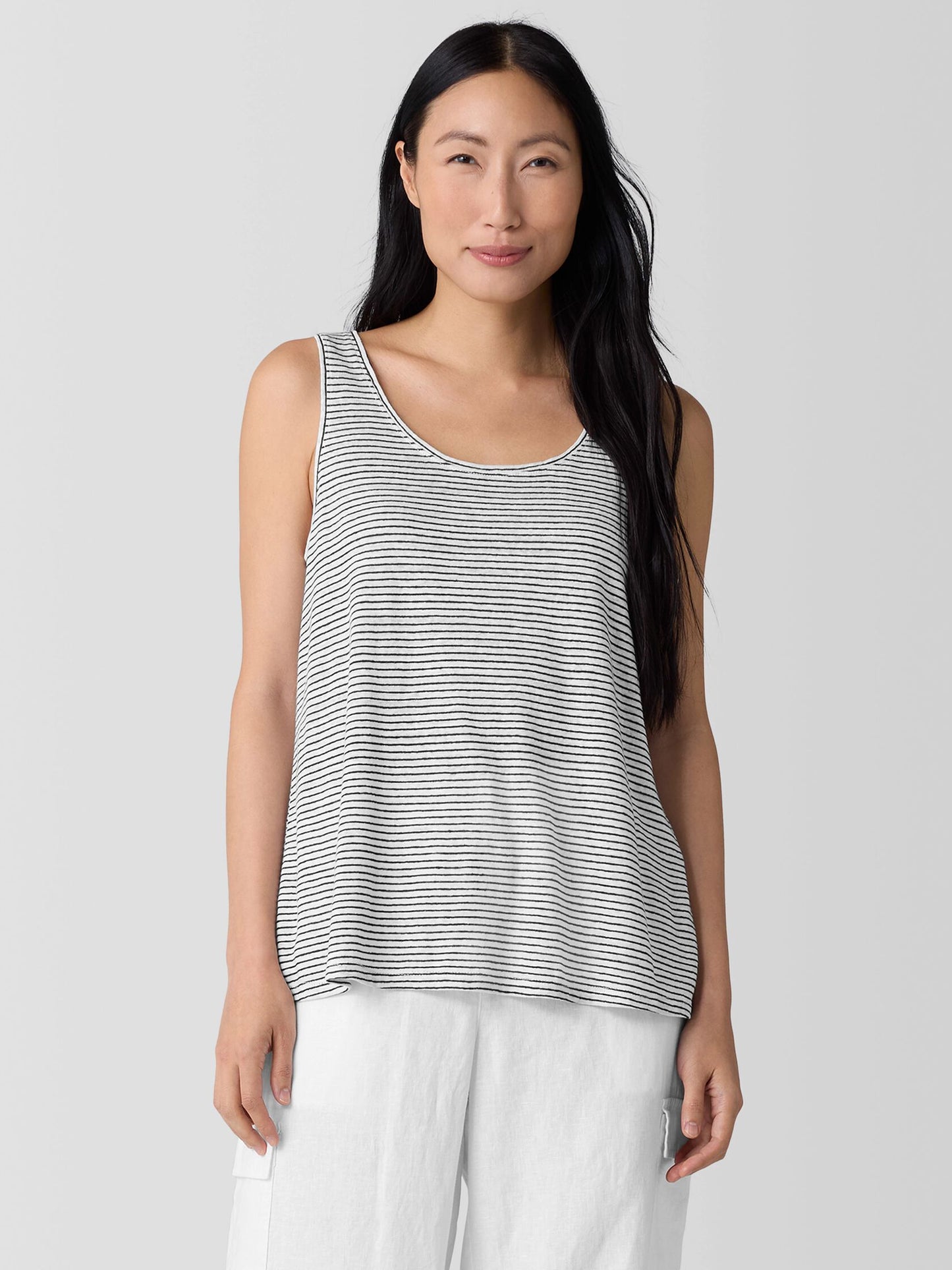 Eileen Fisher Striped Organic Linen Jersey Scoop Neck Tank