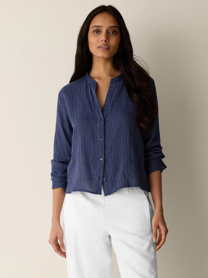 Eileen Fisher Mandarin Collar Cut-Away Shirt