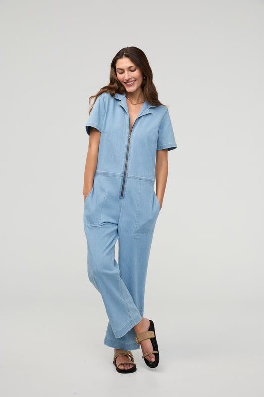 DUER Performance Denim Short Sleeve Jumpsuit