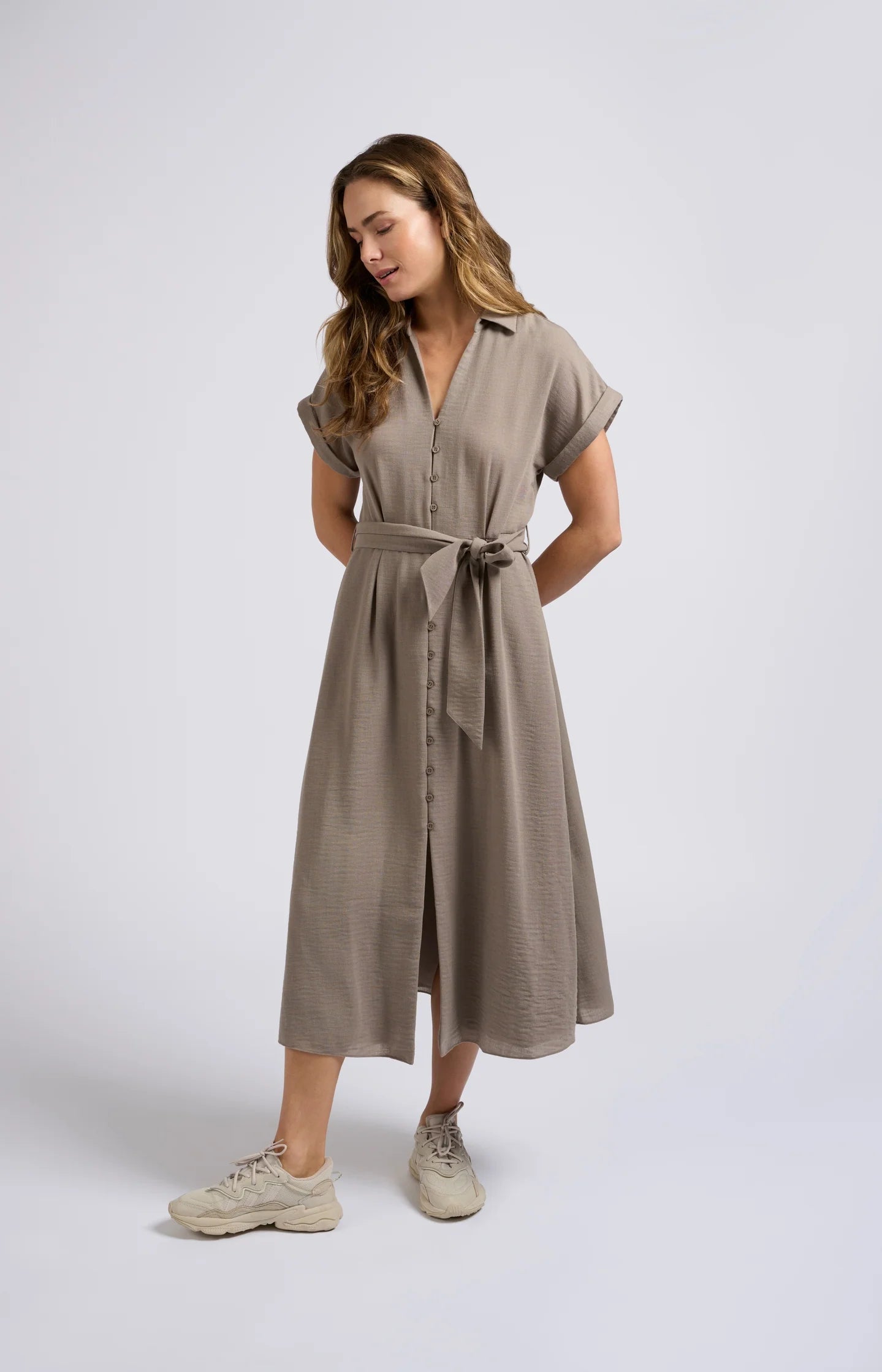 YAYA Woven Midi Dress with Short Sleeves